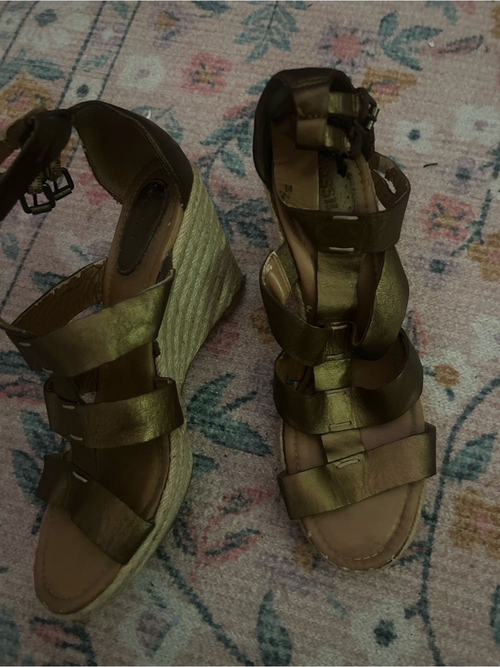 Fossil Metallic Olive Green Wedge Espadrille Sandals